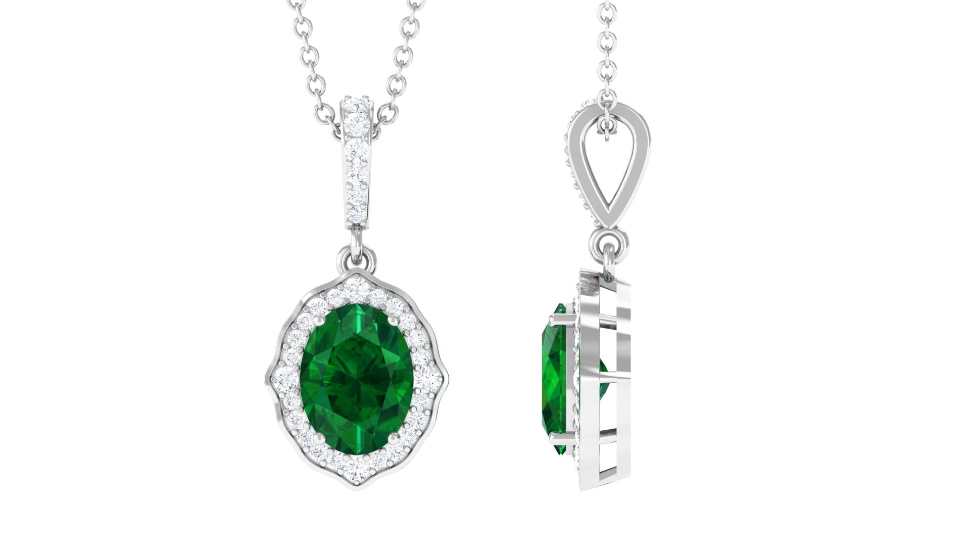 Oval Emerald Vintage Style Pendant with Diamond Lab Grown Emerald-AAAA Quality - Virica Jewels