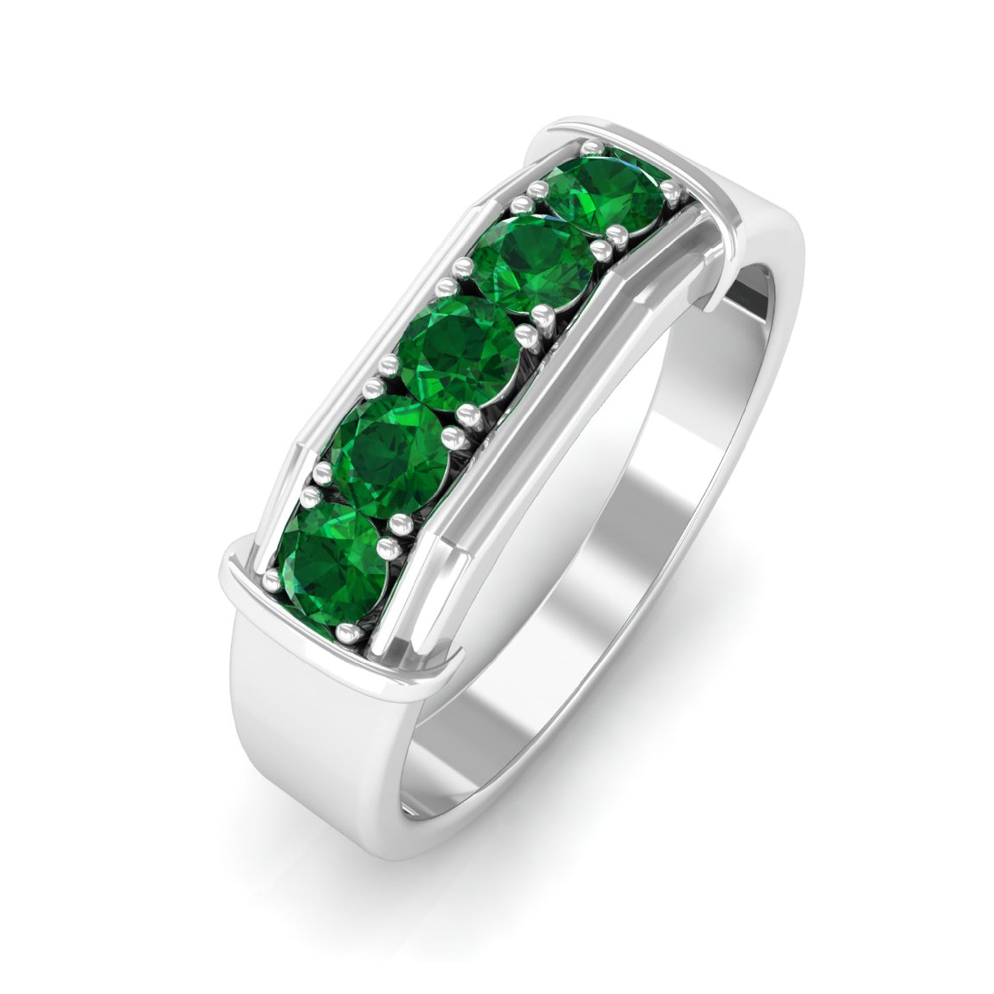 Classic Emerald Five Stone Wedding Band Ring for Men Lab Grown Emerald-AAAA Quality - Virica Jewels