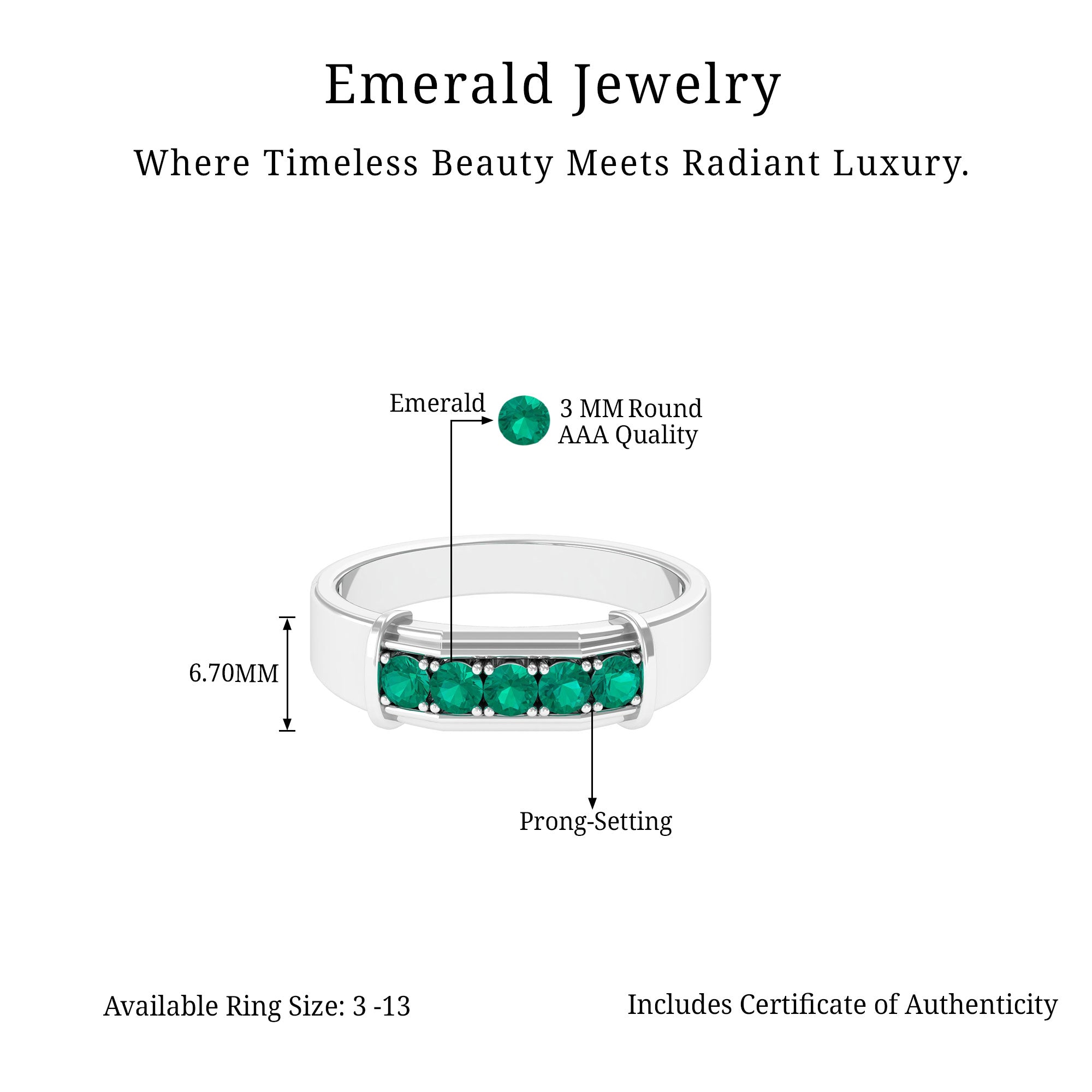 Classic Emerald Five Stone Wedding Band Ring for Men Natural Emerald-AAA Quality - Virica Jewels